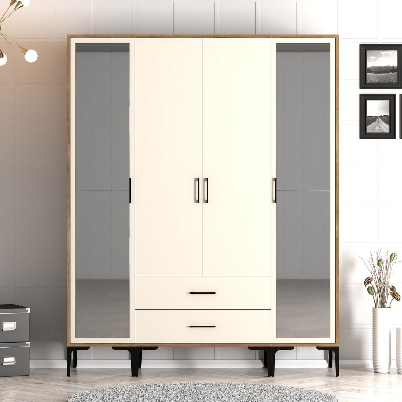 Dulap pentru haine, Hanah Home, Kumsal RTR, 160x47.5x201.4 cm, Maro/Crem - imagine 7